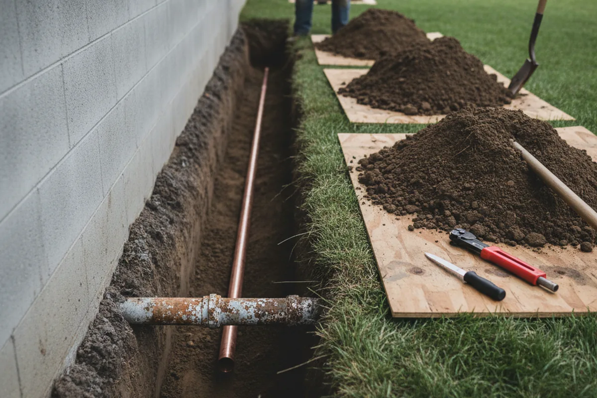 Excavated water line trench during Sewer Line Repair in Chattanooga